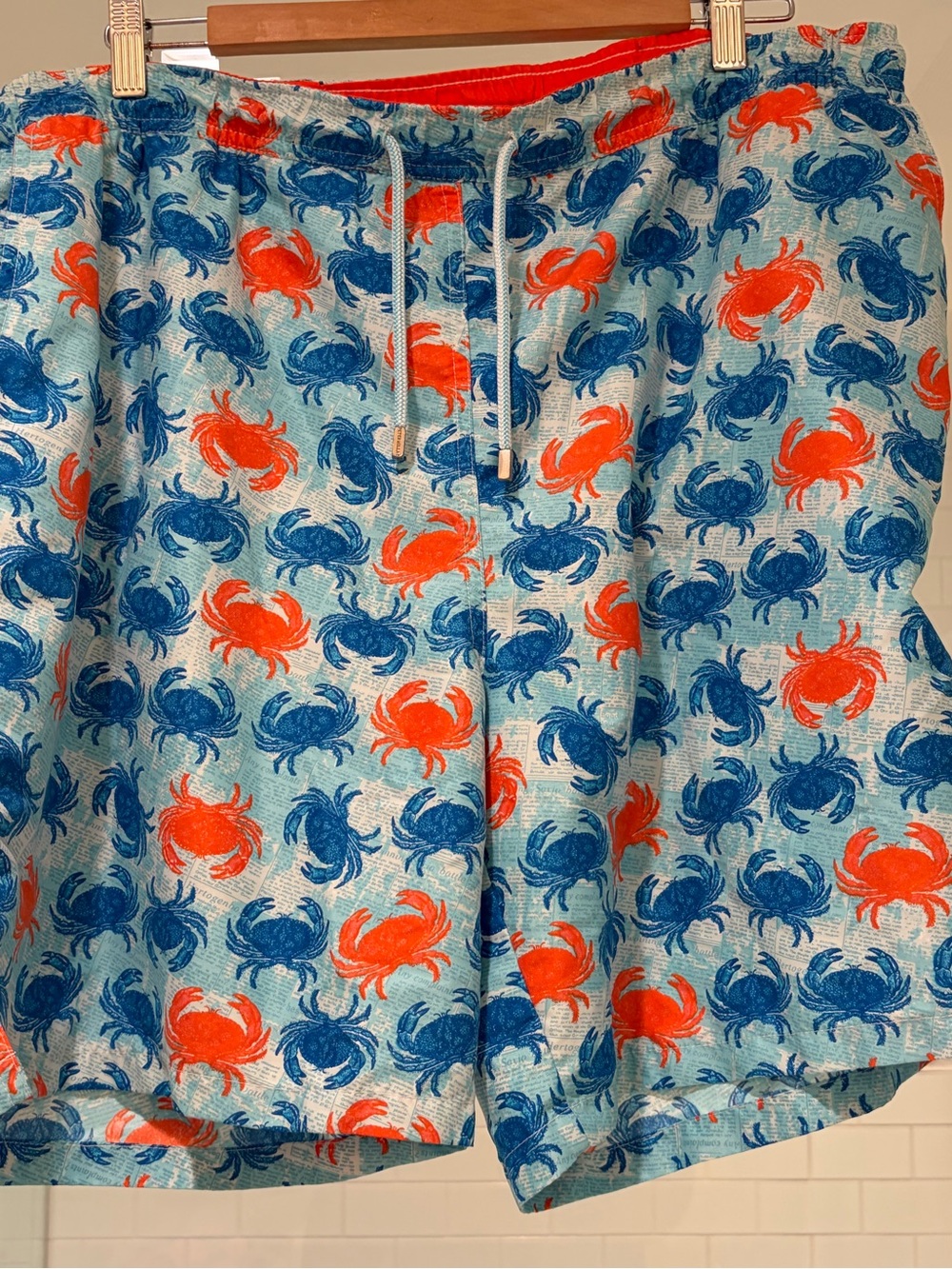 Peter Millar Blue and Orange Crab Print Swim Trunks